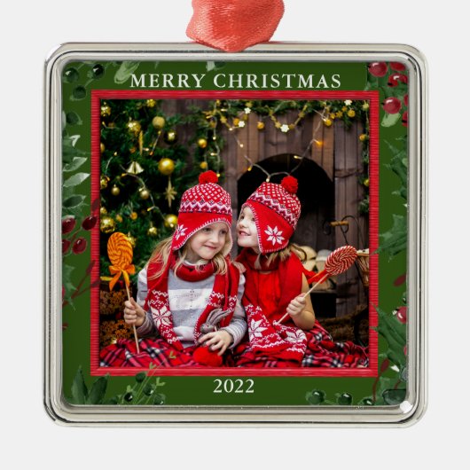 自分のメリークリスマスの家族の写真を作成する メタルオーナメント (正面)
