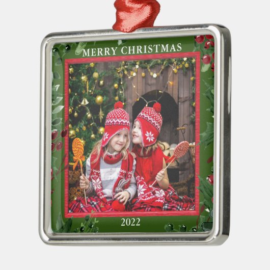 自分のメリークリスマスの家族の写真を作成する メタルオーナメント (左)