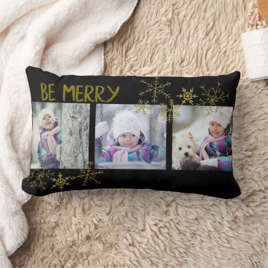 自分のメリー写真を追加する黒い金ゴールドクリスマス ランバークッション (ブランケット)