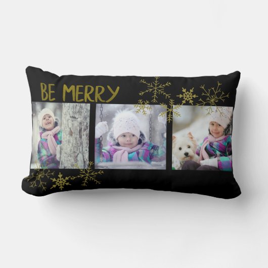 自分のメリー写真を追加する黒い金ゴールドクリスマス ランバークッション (正面)