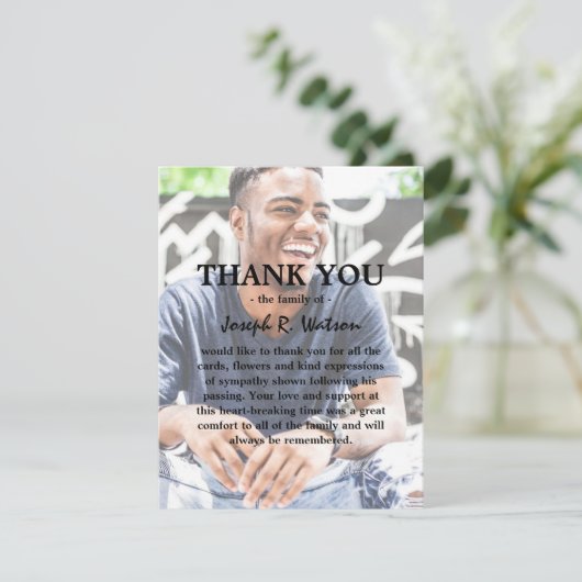 自分の写真と文字の追加モダン悔やみや弔慰 サンキューカード (スタンド正面)