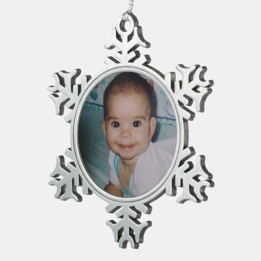 自分の写真の追加 スノーフレークピューターオーナメント (右)