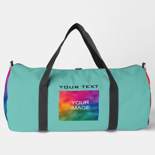 自分の写真をアップロードする追加文字テンプレート大ティール（緑がかった色） ダッフルバッグ (正面)