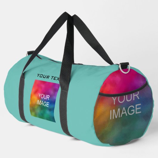 自分の写真をアップロードする追加文字テンプレート大ティール（緑がかった色） ダッフルバッグ (右コーナー)