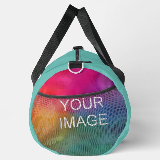 自分の写真をアップロードする追加文字テンプレート大ティール（緑がかった色） ダッフルバッグ (右)