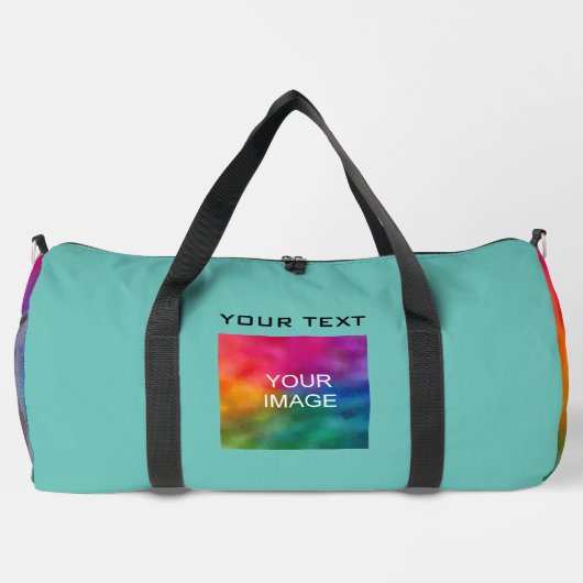 自分の写真をアップロードする追加文字テンプレート大ティール（緑がかった色） ダッフルバッグ (裏面)