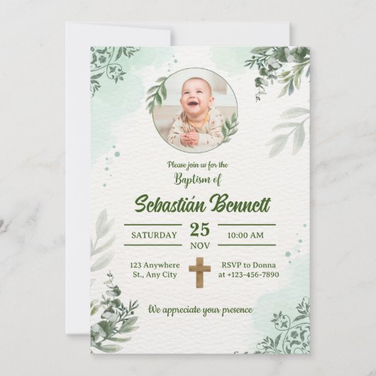 自分の写真をカスタム作成する男の子バプテスマ 招待状 (正面)