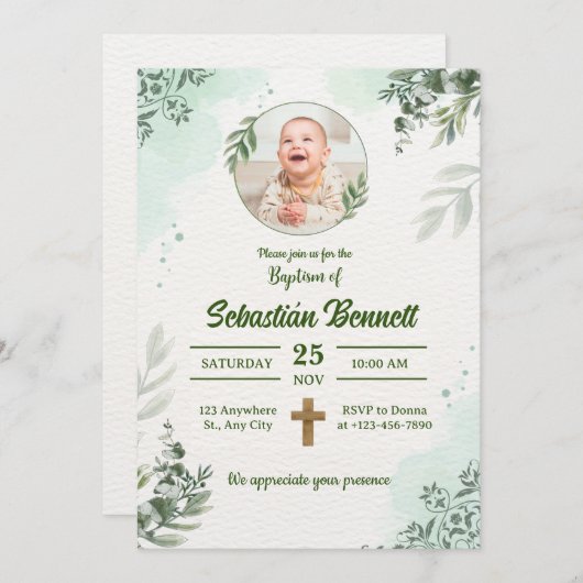 自分の写真をカスタム作成する男の子バプテスマ 招待状 (正面/裏面)