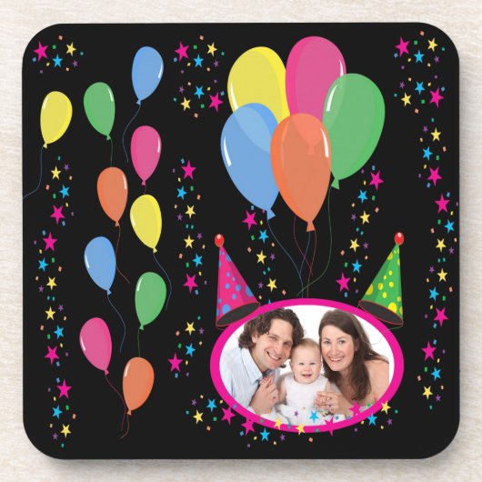 自分の写真をパーティー帽子や風船に追加 コースター (正面)