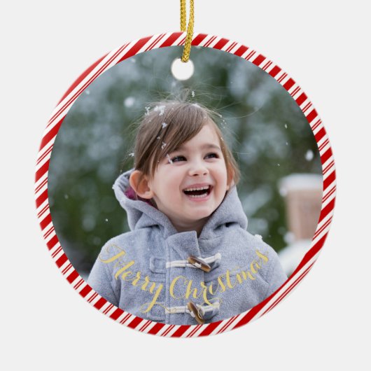 自分の写真を作成するキャンディの杖のストライプクリスマス セラミックオーナメント (正面)