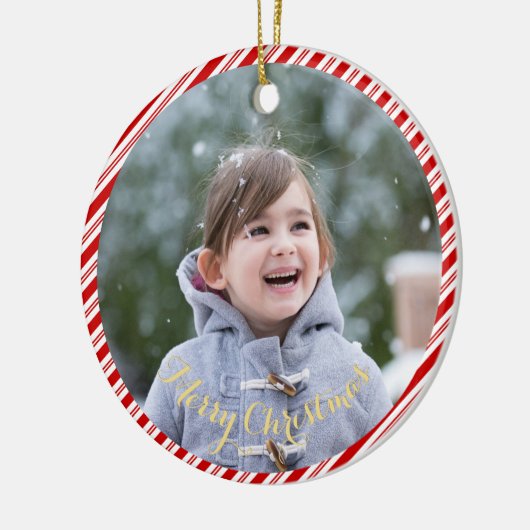 自分の写真を作成するキャンディの杖のストライプクリスマス セラミックオーナメント (左)