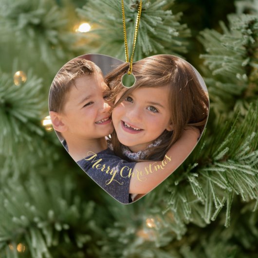 自分の写真を作成金ゴールド文字クリスマスハート セラミックオーナメント (ツリー)