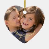 自分の写真を作成金ゴールド文字クリスマスハート セラミックオーナメント (正面)