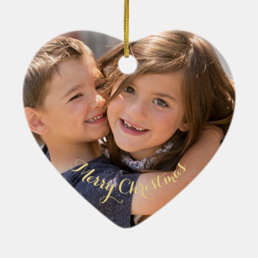 自分の写真を作成金ゴールド文字クリスマスハート セラミックオーナメント (裏面)