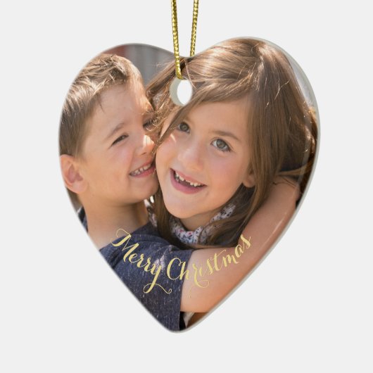 自分の写真を作成金ゴールド文字クリスマスハート セラミックオーナメント (左)