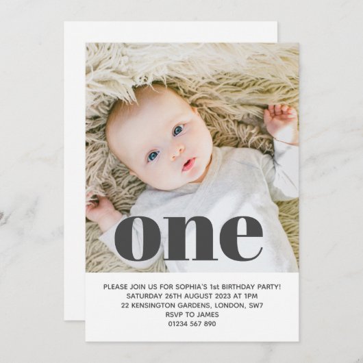 自分の写真を追加する最初の誕生日パーティー 招待状 (正面/裏面)