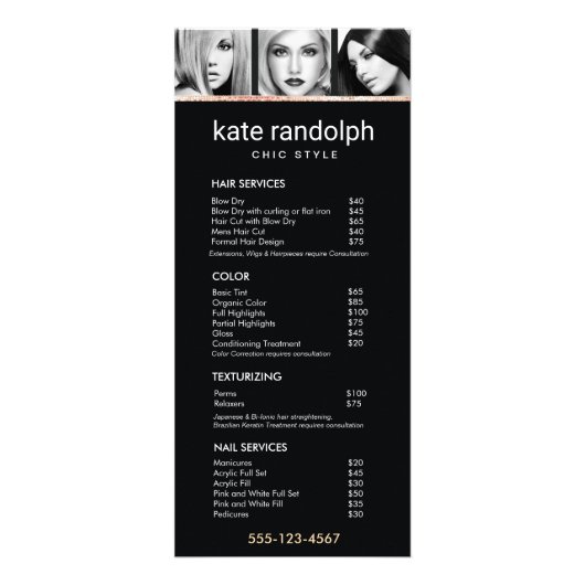 自分の写真を追加する黒いサロン価格リストメニュー ラックカード (正面)