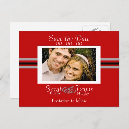 自分の写真を追加する – 赤 案内ポストカード (正面/裏面)