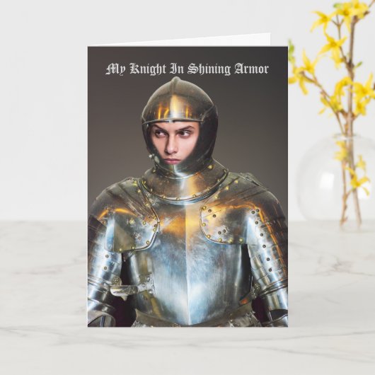 自分の写真を追加 – 鎧おもしろいの騎士輝く カード (黄色い花)