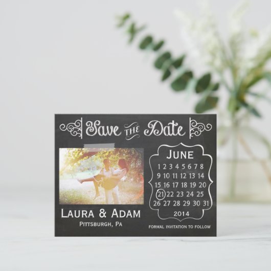 自分の写真を追加Chalkboard日付を保存 案内ポストカード (スタンド正面)