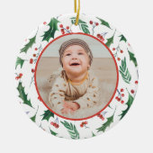 自分の写真テンプレートレッドベリーホリー縁ど セラミックオーナメント (正面)
