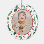 自分の写真テンプレートレッドベリーホリー縁ど セラミックオーナメント (左)
