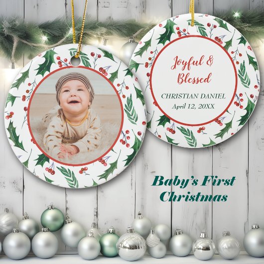 自分の写真テンプレートレッドベリーホリー縁ど セラミックオーナメント