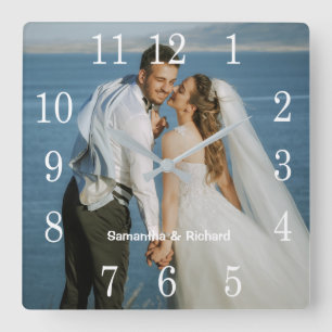 自分の写真名結婚を作成すパーソナライズされたる スクエア壁時計
