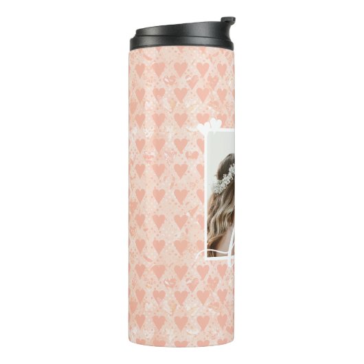 自分の写真愛のハートカスタムをバラ金ゴールドに追加 タンブラー (回転左)