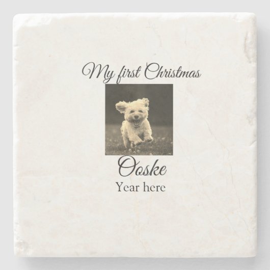 自分の初めてのクリスマスがペット名を追加する年写真 ストーンコースター (正面)