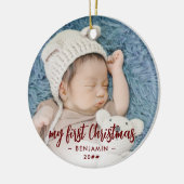 自分の初めてのクリスマスのベビー写真（名前と年） セラミックオーナメント (左)
