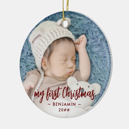 自分の初めてのクリスマスのベビー写真（名前と年） セラミックオーナメント (左)