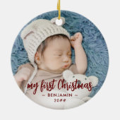 自分の初めてのクリスマスのベビー写真（名前と年） セラミックオーナメント (裏面)
