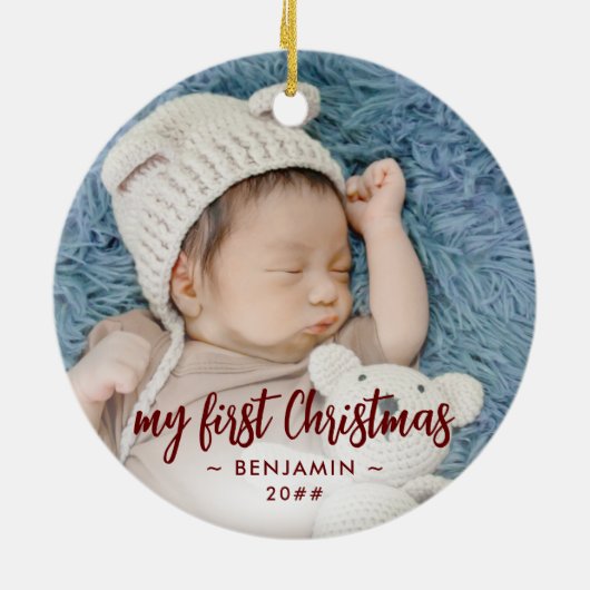 自分の初めてのクリスマスのベビー写真（名前と年） セラミックオーナメント (裏面)