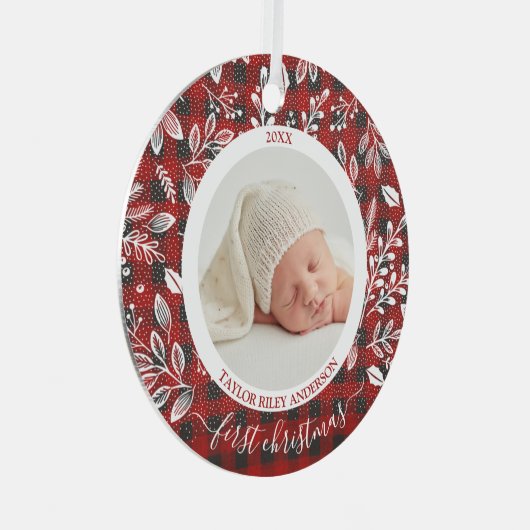 自分の初めてのクリスマスの写真のプレイド メタルオーナメント (正面右)