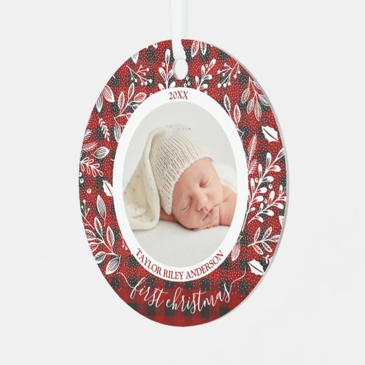 自分の初めてのクリスマスの写真のプレイド メタルオーナメント (正面左)