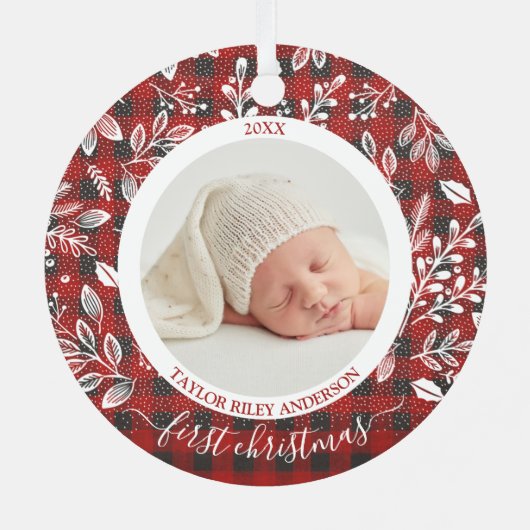 自分の初めてのクリスマスの写真のプレイド メタルオーナメント (裏面)