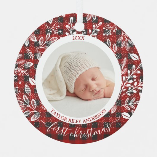 自分の初めてのクリスマスの写真のプレイド メタルオーナメント (正面)