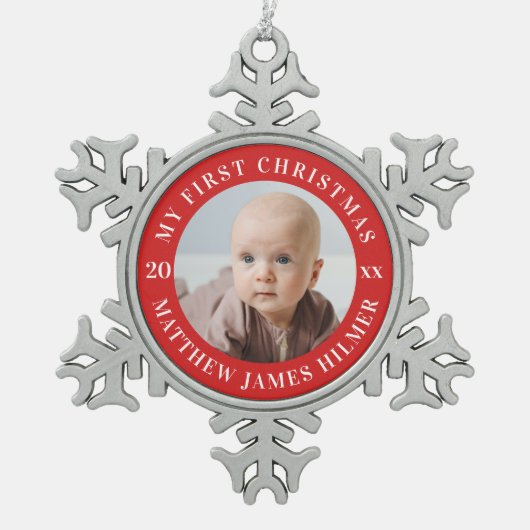 自分の初めてのクリスマスの写真 スノーフレークピューターオーナメント (正面)