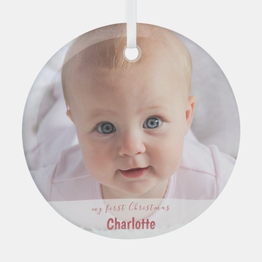 自分の初めてのクリスマスシンプルベビーの写真の手書き ガラスオーナメント (正面)