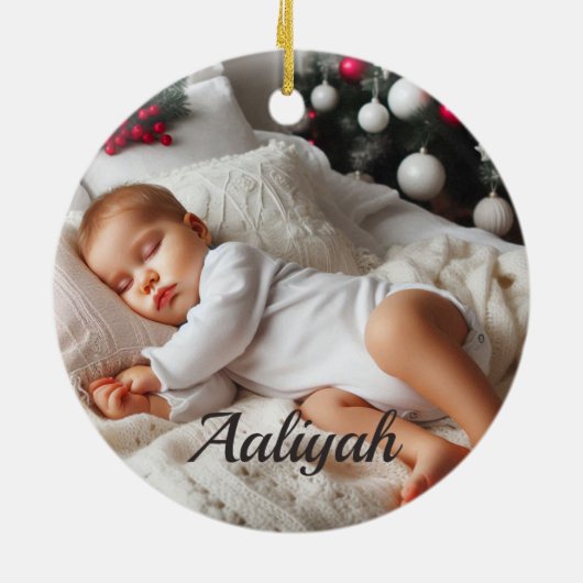 自分の初めてのクリスマスパーソナライズされた名日時 セラミックオーナメント (裏面)