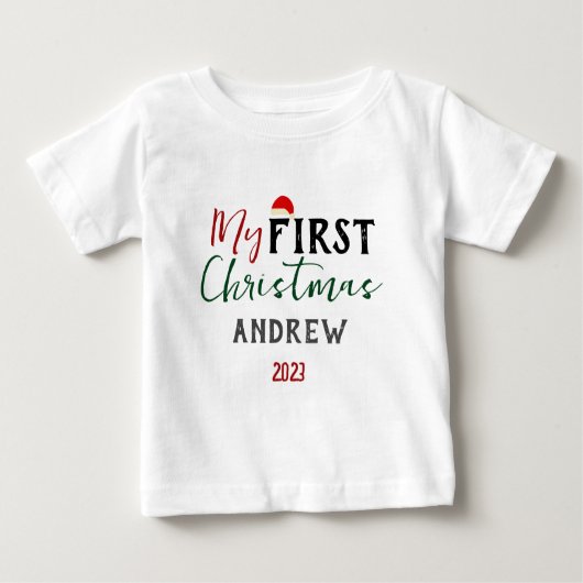 自分の初めてのクリスマスベビーの写真の個人用設定の名前 ベビーTシャツ (正面)