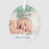 自分の初めてのクリスマスベビーの写真の名前を追加する年モダン オーナメント (正面)