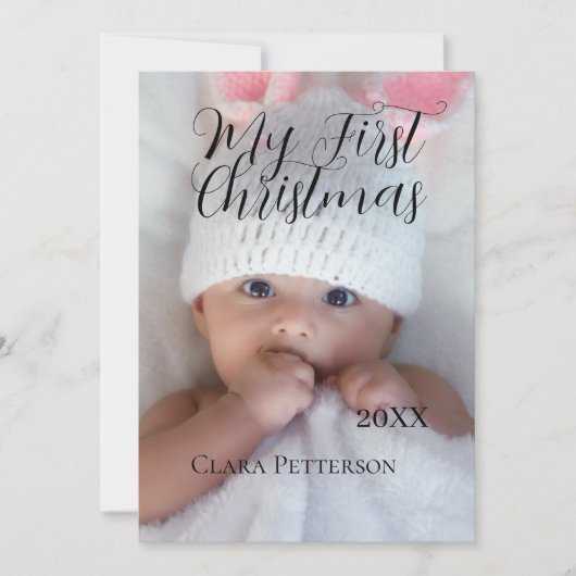 自分の初めてのクリスマスベビーの写真の名前を追加する年モダン シーズンカード (正面)