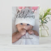 自分の初めてのクリスマスベビーの写真の名前を追加する年モダン シーズンカード (スタンド正面)