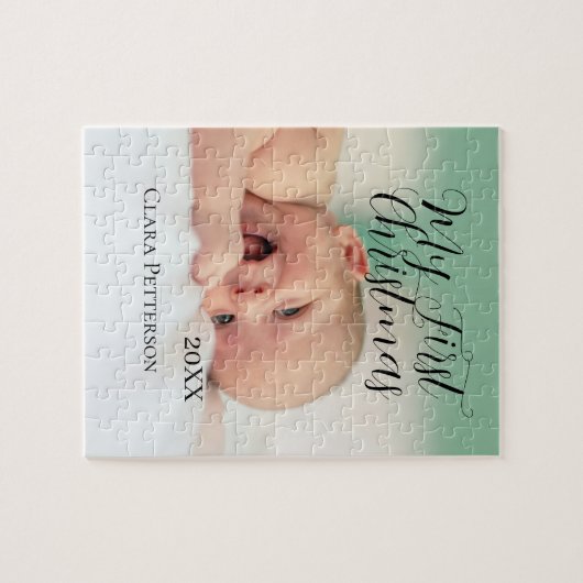 自分の初めてのクリスマスベビーの写真の名前を追加する年モダン ジグソーパズル (横)