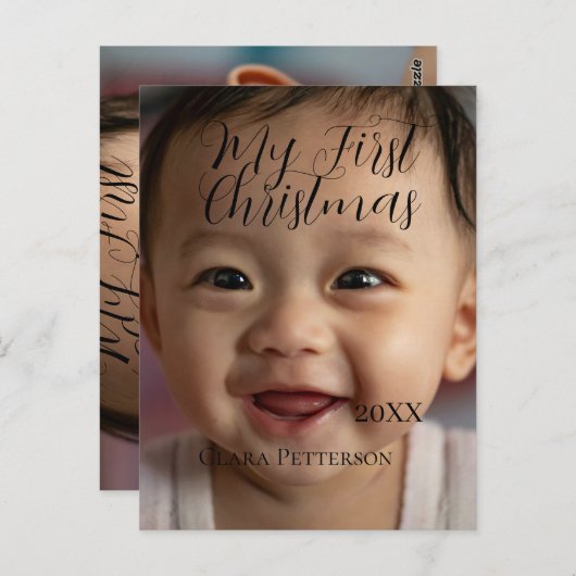 自分の初めてのクリスマスベビーの写真の名前を追加する年モダン ポストカード (正面/裏面)
