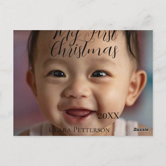 自分の初めてのクリスマスベビーの写真の名前を追加する年モダン ポストカード (裏面)