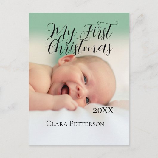 自分の初めてのクリスマスベビーの写真の名前を追加する年モダン ポストカード (正面)