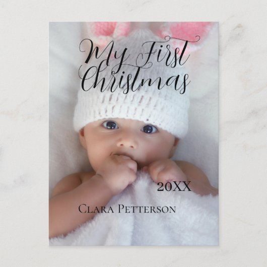 自分の初めてのクリスマスベビーの写真の名前を追加する年モダン ポストカード (正面)